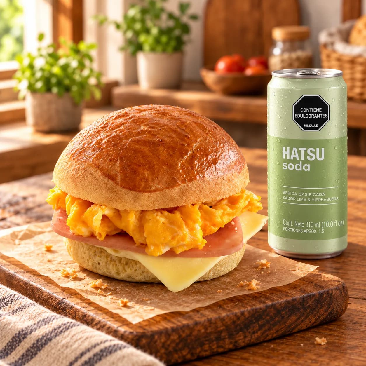 Brioche con huevo, jamón y queso + Soda Hatsu